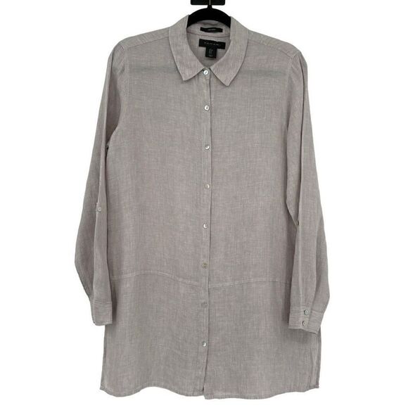Tahari 100% Linen Button Front Roll Tab Sleeves Tunic Tan Small - Picture 1 of 7